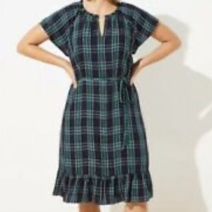 Navy blue & green checkered dress with ruffle hem